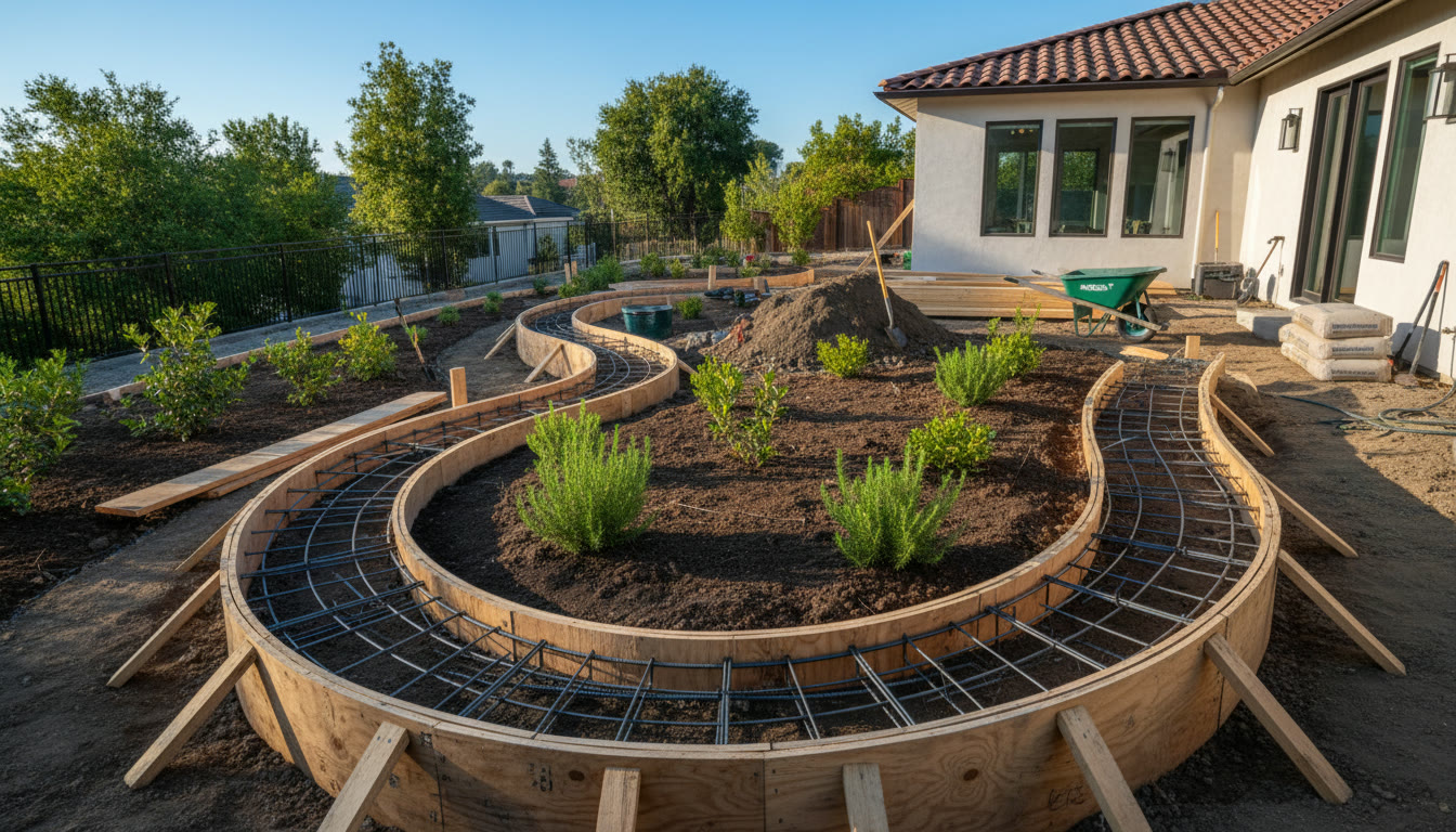 Backyard mid-construction with concrete forms and fresh planting beds