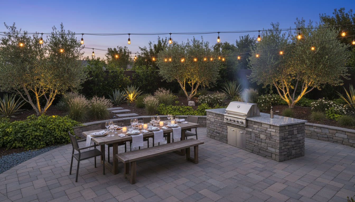 Finished backyard dining space at dusk with outdoor kitchen and string lights