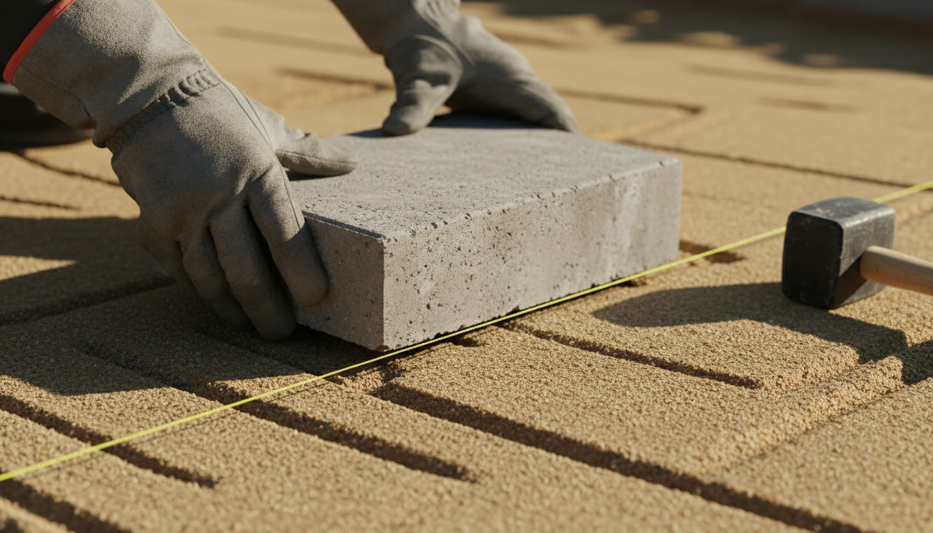 A mason's hands setting a paver on a screeded sand bed