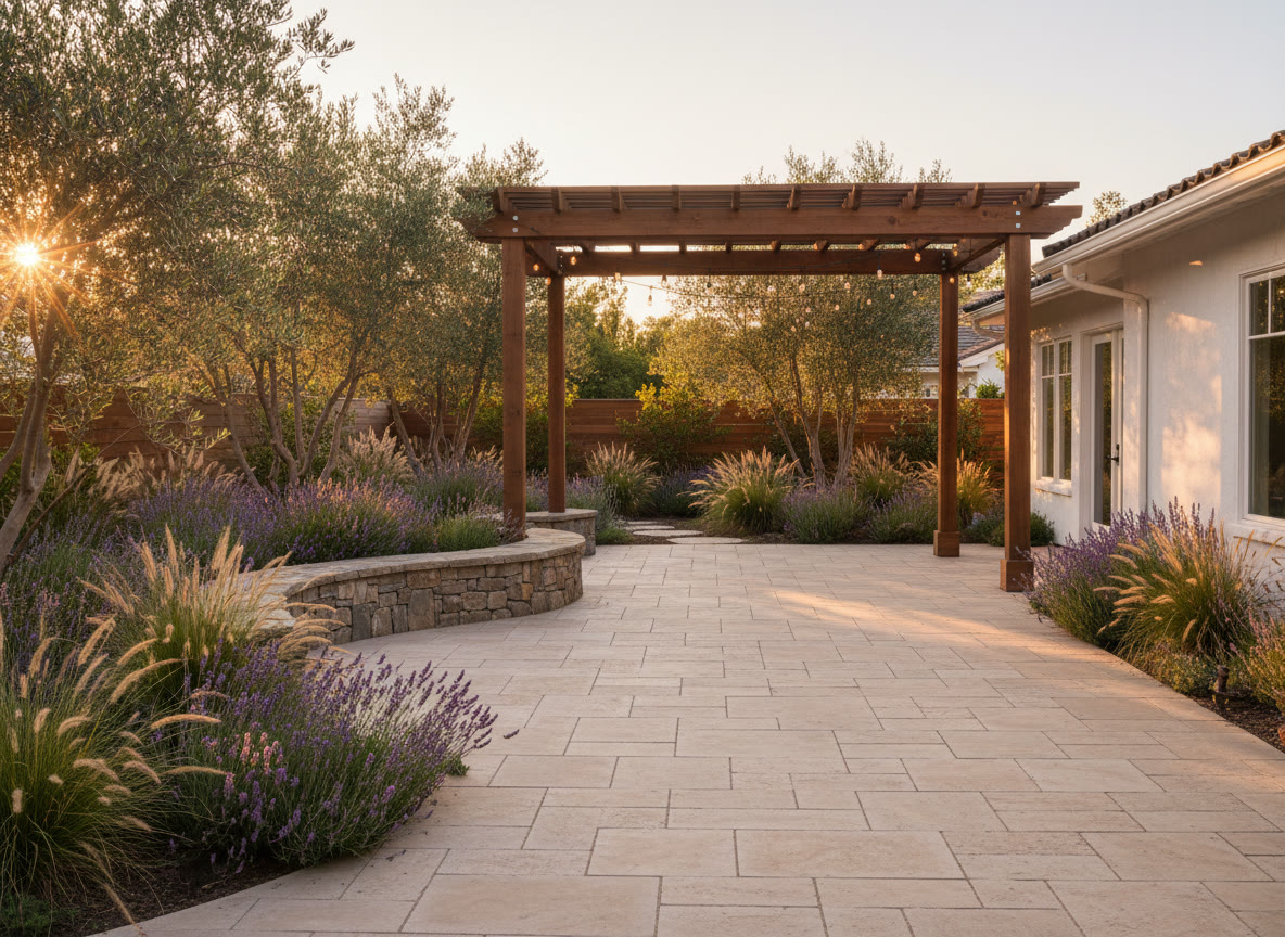 Finished South Bay backyard with paver patio, stone seat wall and pergola at golden hour