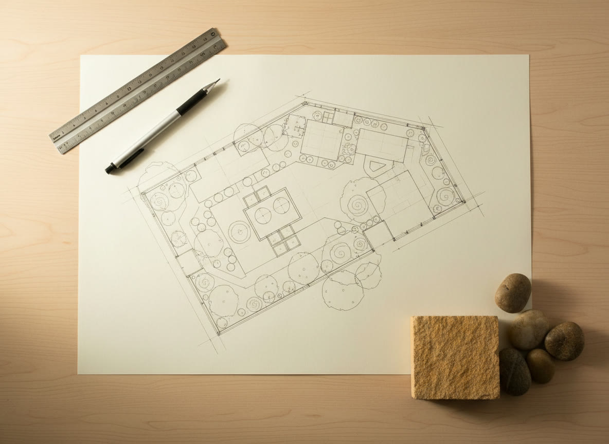 Hand-drawn landscape plan with stone samples