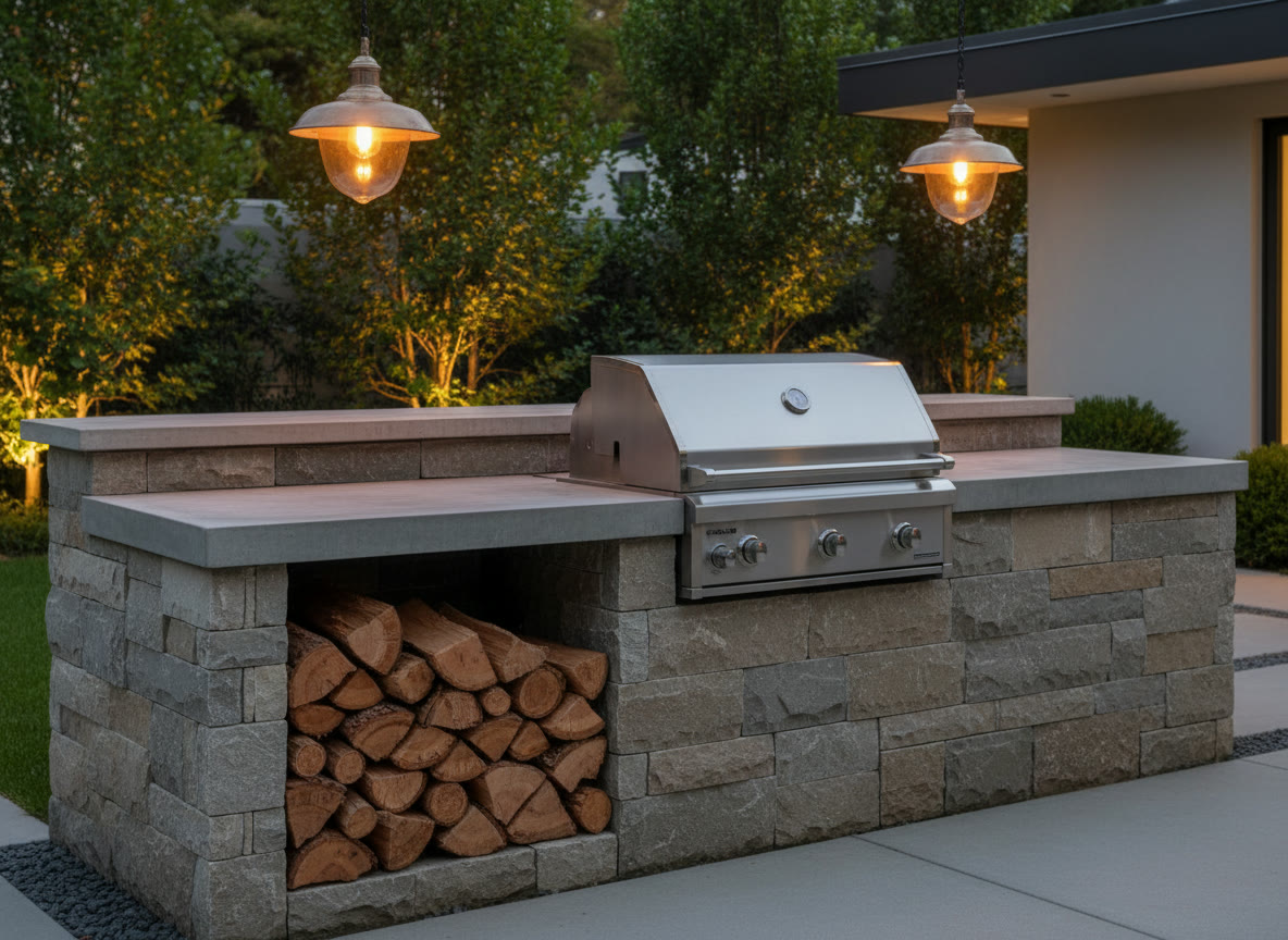 Stone outdoor kitchen with concrete countertop