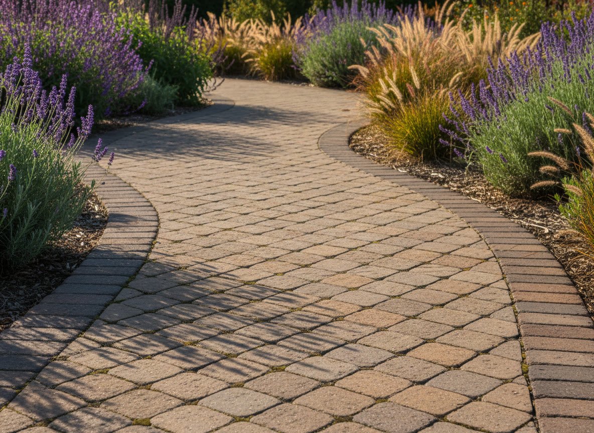 Curved paver walkway through drought-tolerant planting