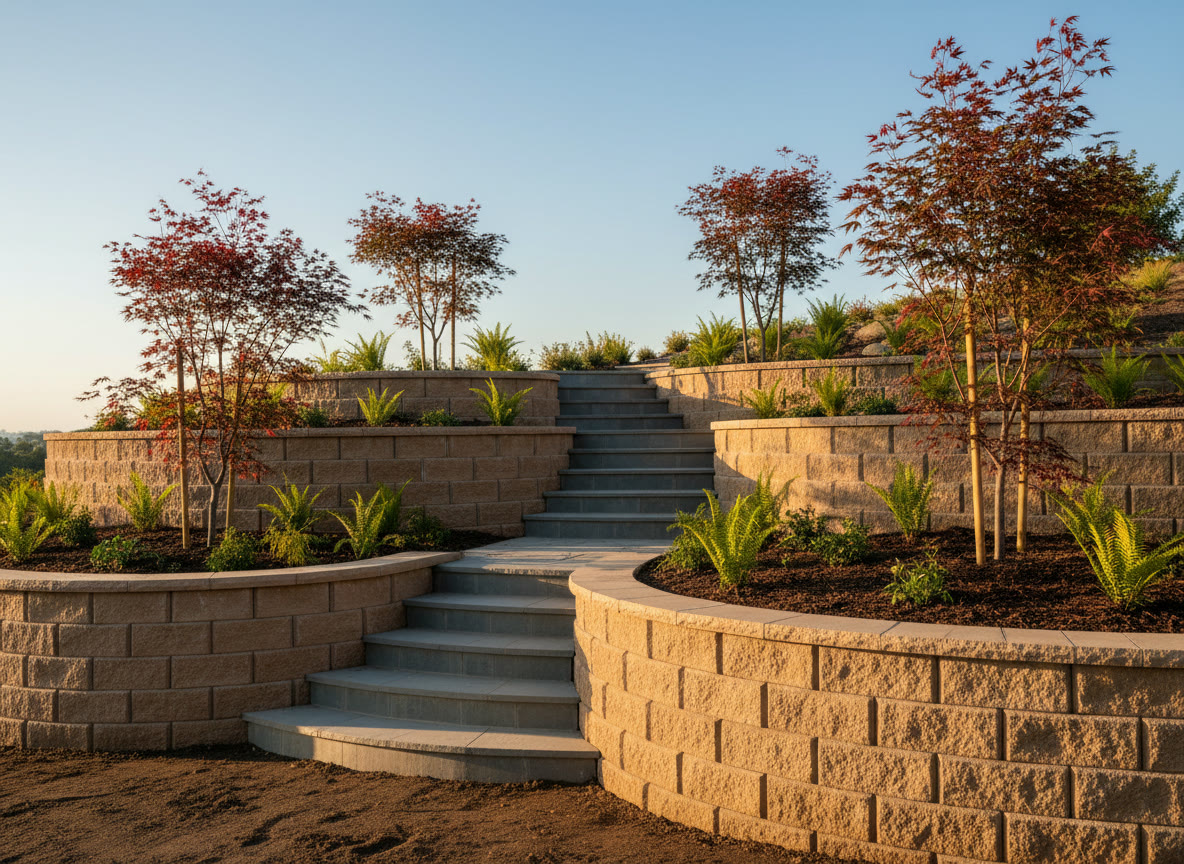 Curved block retaining wall with steps and terraced planting